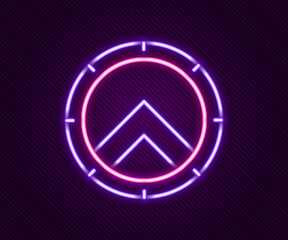 Poster - Glowing neon line Greek shield with greek ornament icon isolated on black background. Colorful outline concept. Vector