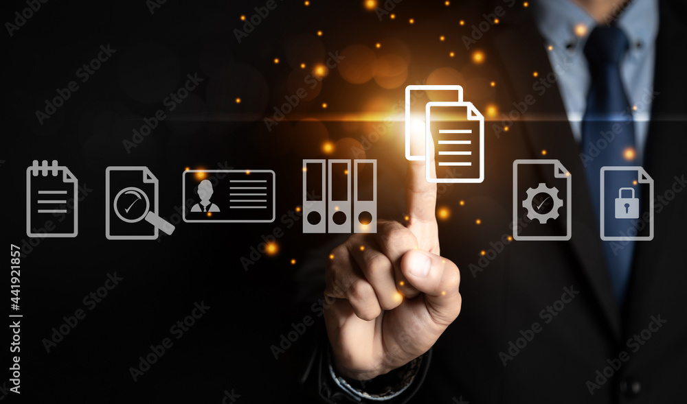Businessman hand touch Document management data system ,document ...