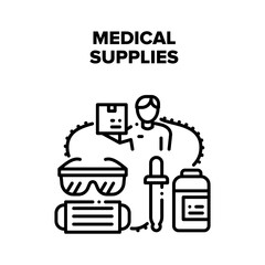 Canvas Print - Medical Supplies Vector Icon Concept. Facial Mask And Glasses Medical Supplies For Patient Examination, Medication Bottle With Pipette For Treatment Disease. Courier Delivering Box Black Illustration