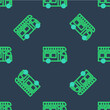 © Kostiantyn - Line Fire truck icon isolated seamless pattern on blue background. Fire engine. Firefighters emergency vehicle. Vector