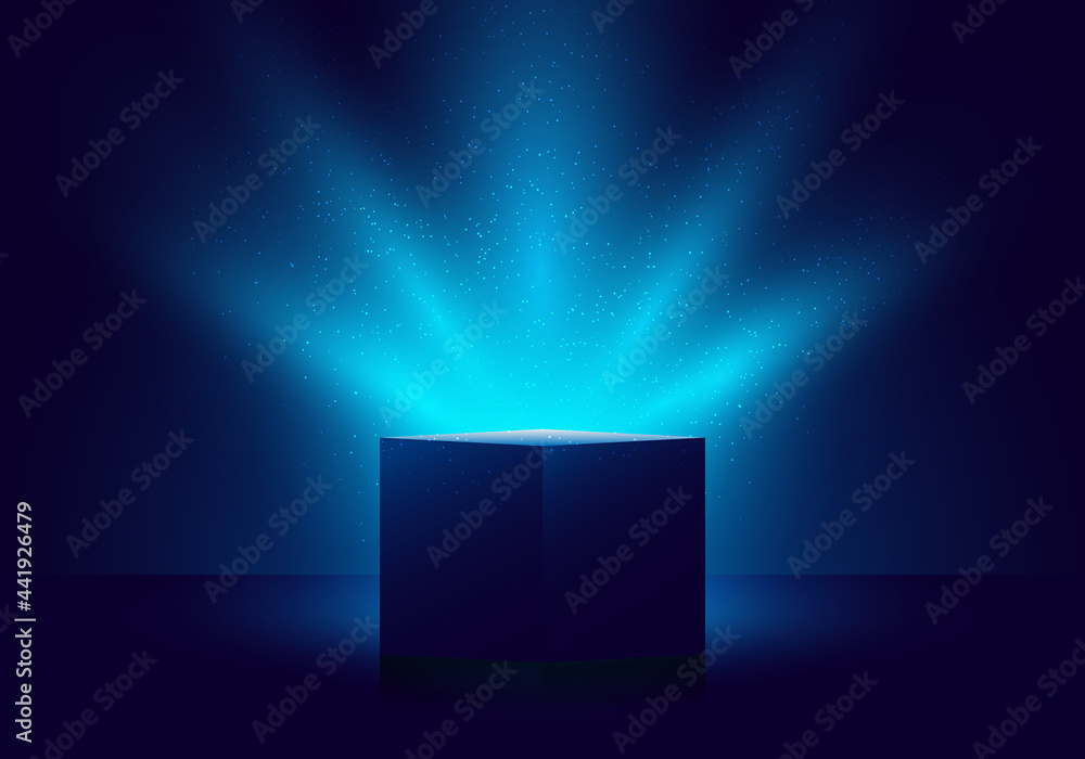 3D blue mystery box with Illuminated lighting glitter on dark background - obrazy, fototapety, plakaty 