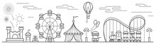 Panorama Of An Amusement Park With A Ferris Wheel, Circus, Rides, Balloon, Bouncy Castle. Landscape Of Urban Park. Outline Vector Illustration