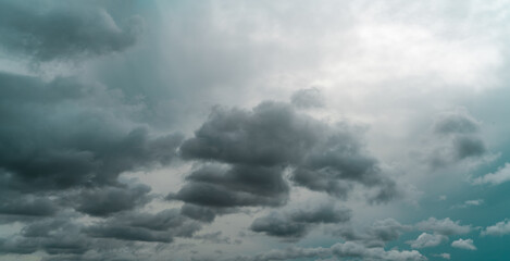 panorama view of overcast sky. dramatic gray sky and dark clouds before rain in the rainy season. cl