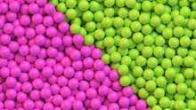 Pink And Green Balls Background. Abstract Background With Colorful Balls Divided Diagonally In Two Colors. Realistic Vector Background