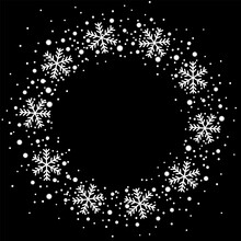 Snow Border Circle Frame. Christmas Texture, Isolated On Black Background. Snowflake Abstract Effect. Holiday Border, Silver Glitter. Blizzard Design. Winter Snow Fall Decoration Vector Illustration
