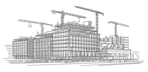 Construction site line sketch, hand-drawn, vector.	
