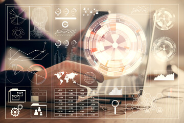 Fototapete - Multi exposure of man's hands holding and using a digital device and data theme drawing. Innovation concept.