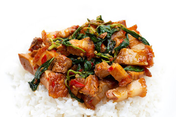 Wall Mural - Spicy stir fried crispy pork and holy basil with rice