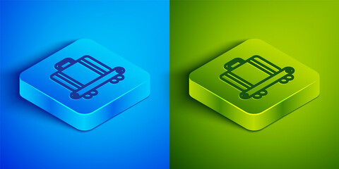 Sticker - Isometric line Airport conveyor belt with passenger luggage, suitcase, bag, baggage icon isolated on blue and green background. Square button. Vector