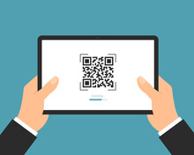 Flat Design Illustration Of A Manager's Hand Holding A Digital Tablet With A QR Code Scan. Suitable For Internet Banking Or Business, Vector
