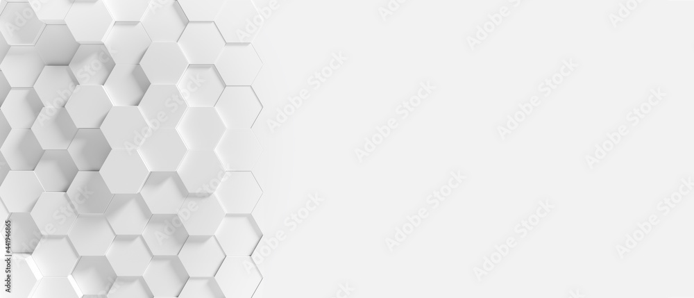 Panoramic Wall of Random shifted white honeycomb hexagon background wallpaper with copy space. - obrazy, fototapety, plakaty 