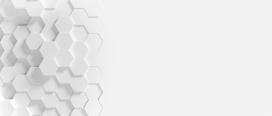 panoramic wall of random shifted white honeycomb hexagon background wallpaper with copy space.