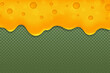 Realistic cheese or curd banner. Flowing or melted cheddar cheese element, border. Stretchy texture with holes, blank yellow mockup. Natural dairy food.
