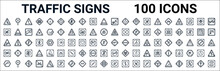 Outline Set Of Traffic Signs Line Icons. Linear Vector Icons Such As No Stopping,no Sound,railway,no Video,degree Curve Road,no Rodents,horn,no Plug. Vector Illustration