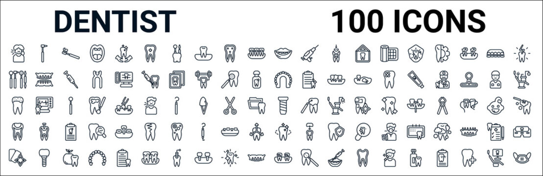 outline set of dentist line icons. linear vector icons such as dentists drill tool,dentist tools,max