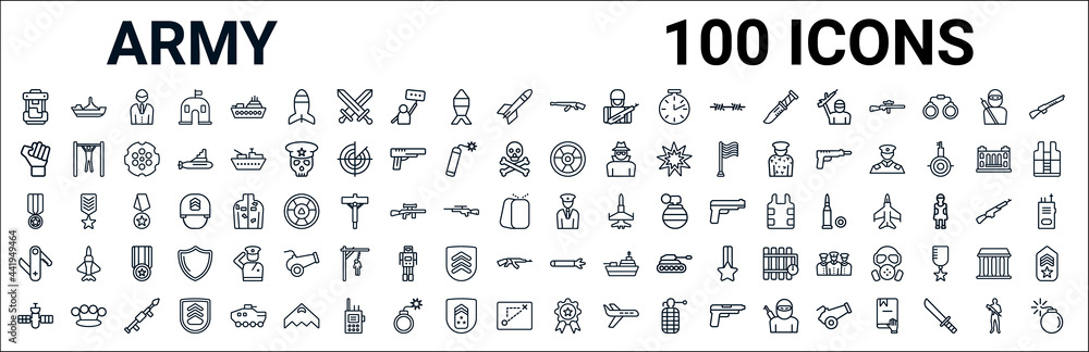 outline set of army line icons. linear vector icons such as militar ship,revolution,nuclear,militaty medal,officer,swiss army knife,torpedo,badge. vector illustration - obrazy, fototapety, plakaty 