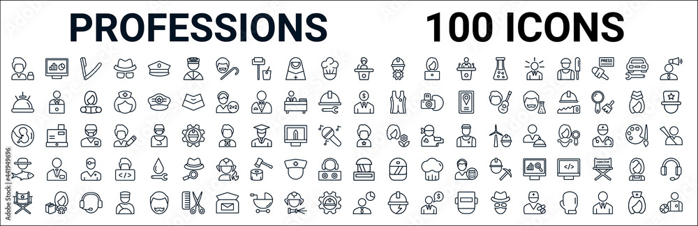 outline set of professions line icons. linear vector icons such as computer systems analyst,concierge,financial manager,obstetrician and gynecologist,superhero,fisherman,swat,statistician. vector - obrazy, fototapety, plakaty 