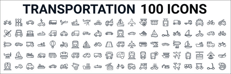 Wall Mural - outline set of transportation line icons. linear vector icons such as gear box,kayak,light rail,zepp