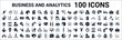 set of 100 glyph business and analytics web icons. filled icons such as setting flow interface,percentage,revenue,service,graph pie,conference,tie,circular chart. vector illustration
