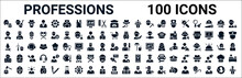 Set Of 100 Glyph Professions Web Icons. Filled Icons Such As Musician,lawyer,stewardess,plumber,cricket Player,programmer,orthodontist,dj. Vector Illustration