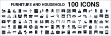 Set Of 100 Glyph Furniture And Household Web Icons. Filled Icons Such As Garbage Bags,cabinets,mirror,freezer,adornment,bed,gateleg Table,chest Of Drawers. Vector Illustration