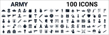 Set Of 100 Glyph Army Web Icons. Filled Icons Such As Army Backpack,brigade,barbed,conscription,pull Up,fighter Plane,chevrons,terracotta. Vector Illustration