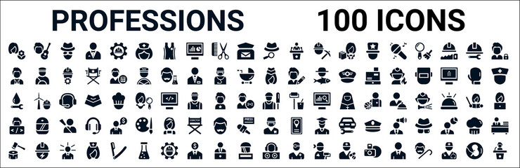 Wall Mural - set of 100 glyph professions web icons. filled icons such as musician,lawyer,stewardess,plumber,cric