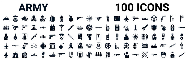 Wall Mural - set of 100 glyph army web icons. filled icons such as army backpack,brigade,barbed,conscription,pull