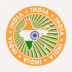 Wall Mural - India round stamp. Logo of country with flag. Vintage badge with circular text and stars, vector illustration.