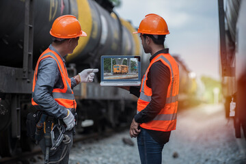 construction workers at work. Back view two engineer discuss  job on laptop  on oil transport tank on background.