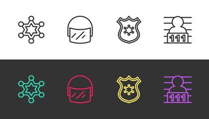 Sticker - Set line Hexagram sheriff, Police helmet, badge and Suspect criminal on black and white. Vector