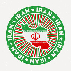 Wall Mural - Iran round stamp. Logo of country with flag. Vintage badge with circular text and stars, vector illustration.