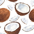 Watercolor coconut seamless pattern. Watercolour repeating background.