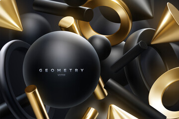 Wall Mural - black and golden geometric shapes backdrop. abstract elegant background.