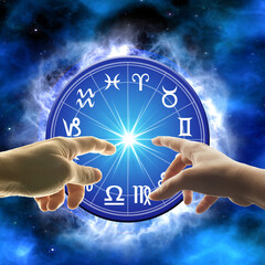 astrology horoscope and zodiac ring with two hands like astrological and esoteric background