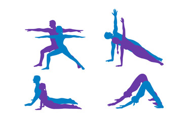 Yoga warrior, dog, cobra and side plank. Woman and man silhouettes strengthing yoga poses. Hand drawn vector illustration isolated on white background