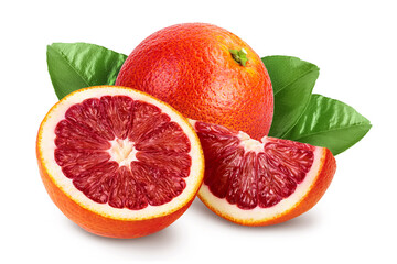 Blood red oranges with half and slice isolated on white background with clipping path and full depth of field