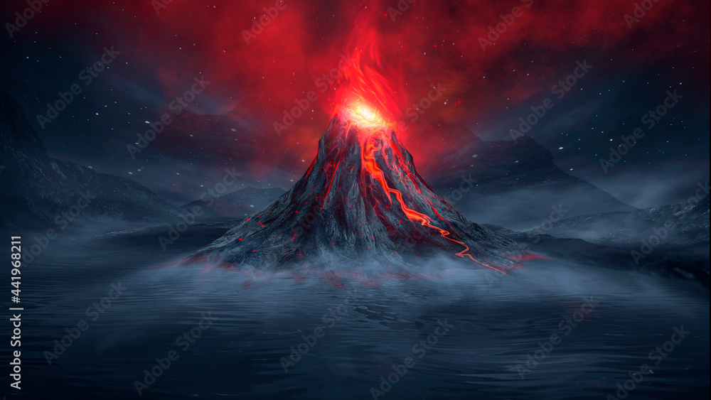 Night fantasy landscape with abstract mountains and island on the water, explosive volcano with burning lava, neon light. Dark Futuristic natural scene with reflection of light in the water. 3D  - obrazy, fototapety, plakaty 