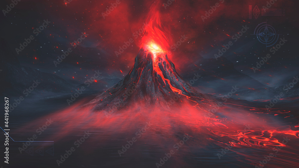 Night fantasy landscape with abstract mountains and island on the water, explosive volcano with burning lava, neon light. Dark Futuristic natural scene with reflection of light in the water. 3D  - obrazy, fototapety, plakaty 