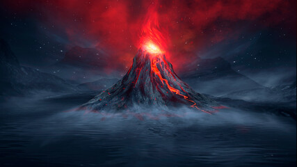 Wall Mural - night fantasy landscape with abstract mountains and island on the water, explosive volcano with burn