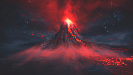 Night fantasy landscape with abstract mountains and island on the water, explosive volcano with burning lava, neon light. Dark Futuristic natural scene with reflection of light in the water. 3D 