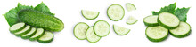 Sliced Cucumber Isolated On White Background. Set Or Collection