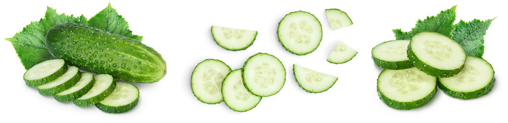 Wall Mural - Sliced cucumber isolated on white background. Set or collection
