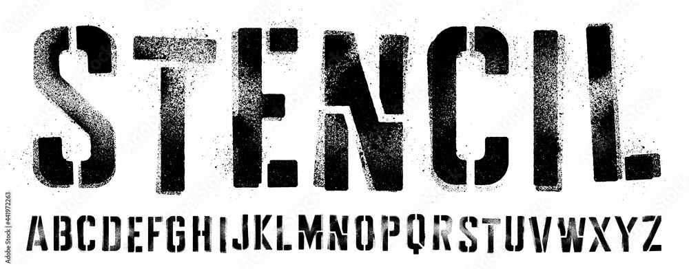 Stencil font with spray paint texture with mis-printed overspray. Highly detailed vector textures taken from high res scans. Compound path and optimised. Original design font - obrazy, fototapety, plakaty 