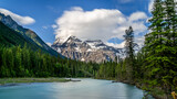 Fototapeta Las - Long Exposure of the Robson River and a Cloud Covered Mount Robson, the highest peak in the Canadian Rockies, British Columbia, Canada