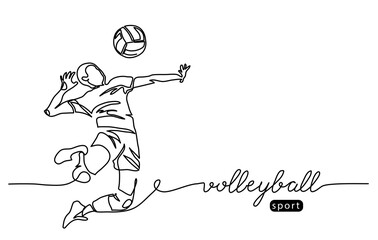 Wall Mural - Volleyball player. Male jumps in attack. Playing volley simple vector background, banner, poster. One line drawing art illustration of volleyball player