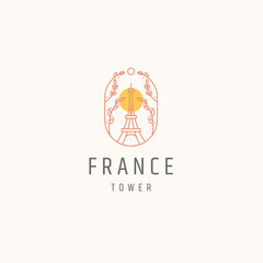 Eiffel tower paris france landmark with bloom flower line style logo icon design template vector