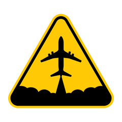 Chemtrails warning sign. Vector illustration of yellow triangle sign with flying plane crossing sky. Caution air pollution. Passenger airplane leaving trail of steam behind. Air transport concept.