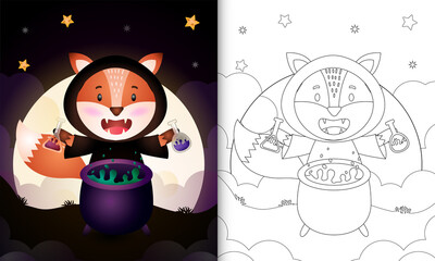 coloring book with a cute fox using costume witch halloween