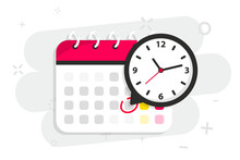 Calendar Icon With Clock. Icon Notice Message With Clock, Agenda Symbol With Selected Important Day. Time Appointment, Reminder Date Concept, Time Management. Calendar Deadline. Business Concept
